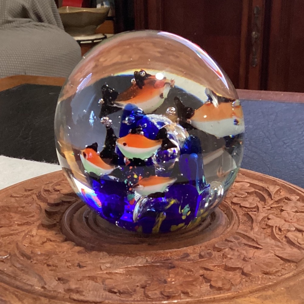 Art Glass Paperweight with Orange Fish Cobalt Blue Decor Signed Base